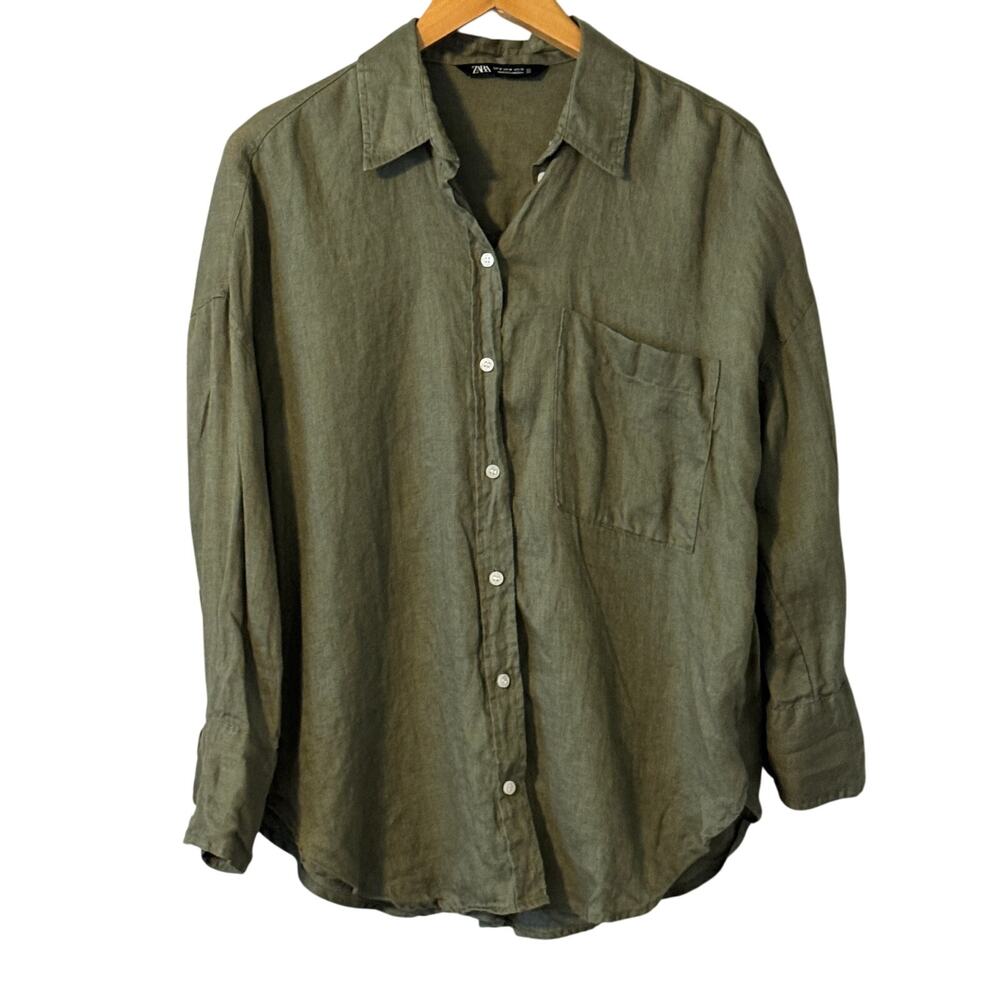 Zara 100% Linen Green Button Down Blouse Womens size Medium